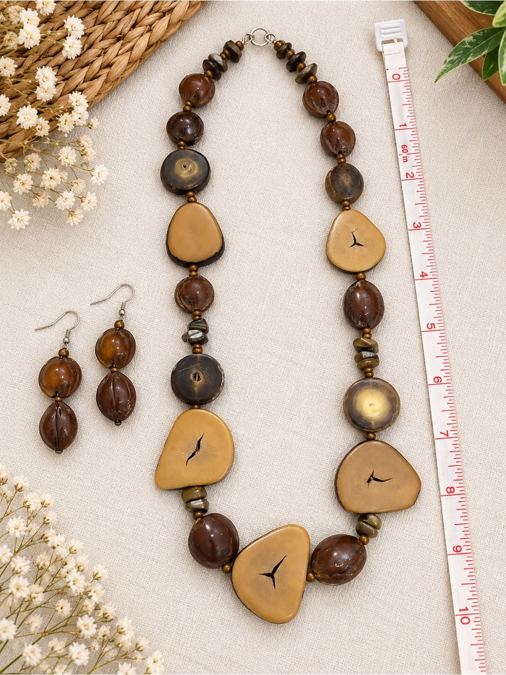 Boho Brown & Tan Beaded Necklace and Earring Set